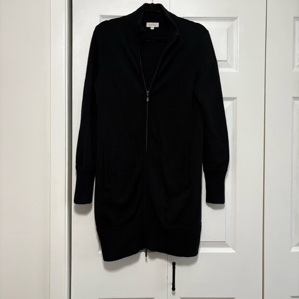 Kinross Cashmere Black Wool Cashmere Zip Cardigan Jacket Ribbed Cuff
